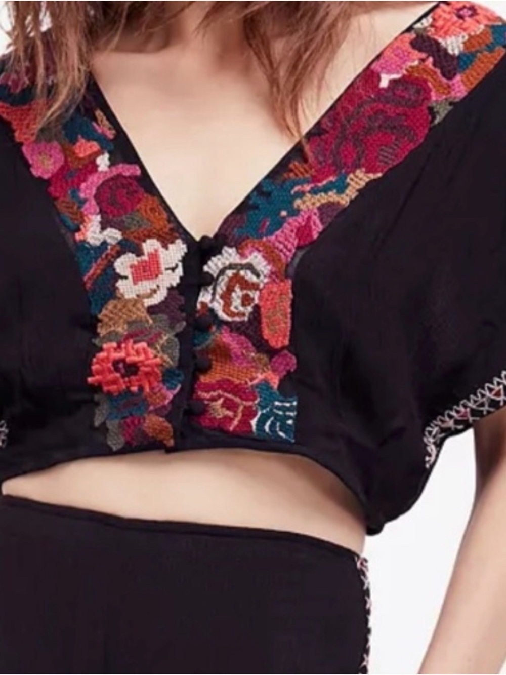 Free People Floral Embroidery Black Cropped Top, size 8